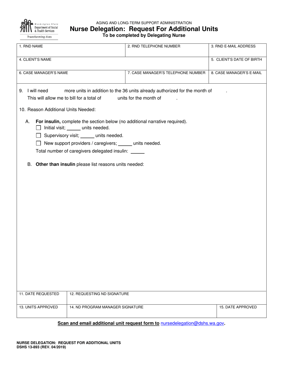 DSHS Form 13-893 Nurse Delegation - Request for Additional Units - Washington, Page 1