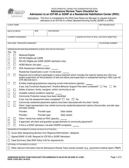 DSHS Form 13-830 Admissions Review Team Checklist for Admission to an Icf/Iid or Sonf at a Residential Habilitation Center (Rhc) - Washington