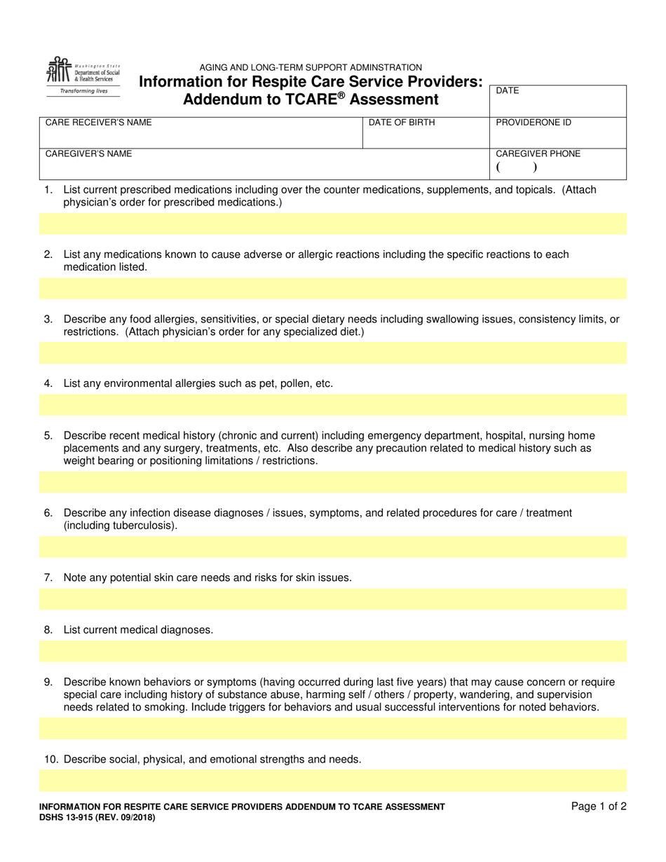 DSHS Form 13-915 Information for Respite Care Service Providers - Addendum to Tcare Assessment - Washington, Page 1