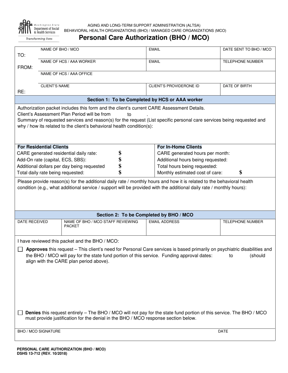 DSHS Form 13-712 Personal Care Authorization (Bho / Mco) - Washington, Page 1