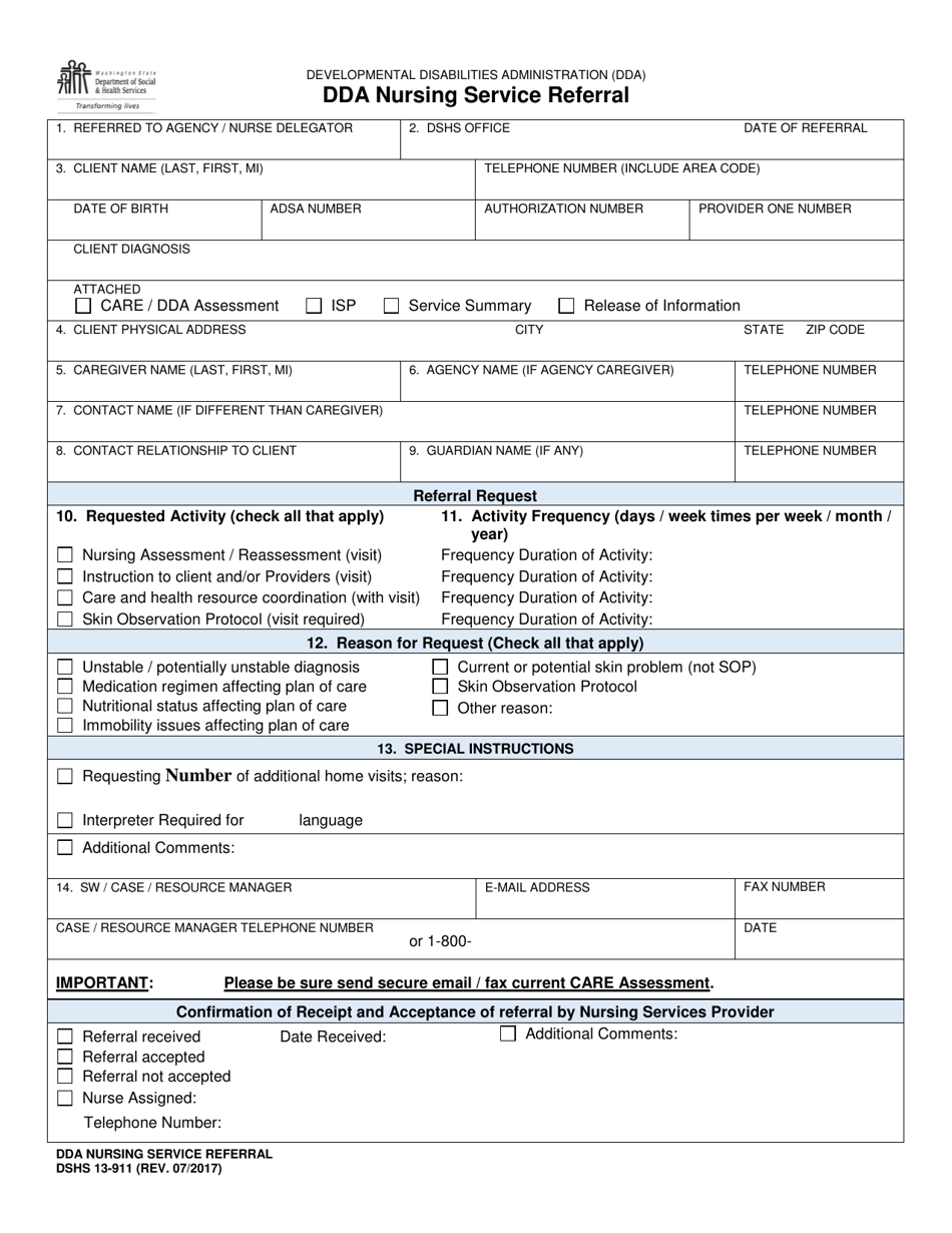 DSHS Form 13-911 Dda Nursing Service Referral - Washington, Page 1