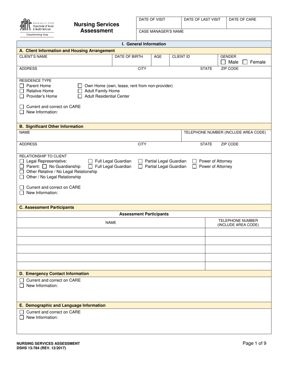 DSHS Form 13-784 Nursing Services Assessment - Washington, Page 1