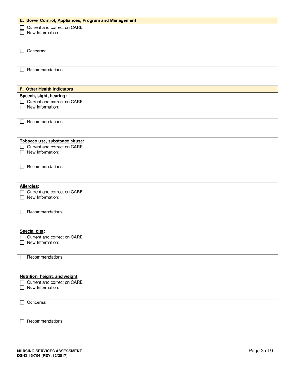 DSHS Form 13-784 Nursing Services Assessment - Washington, Page 3