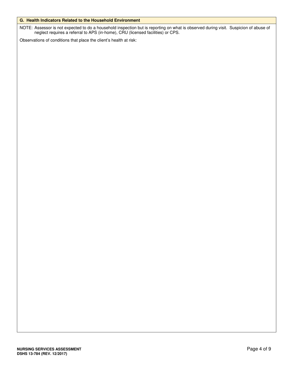 DSHS Form 13-784 Nursing Services Assessment - Washington, Page 4