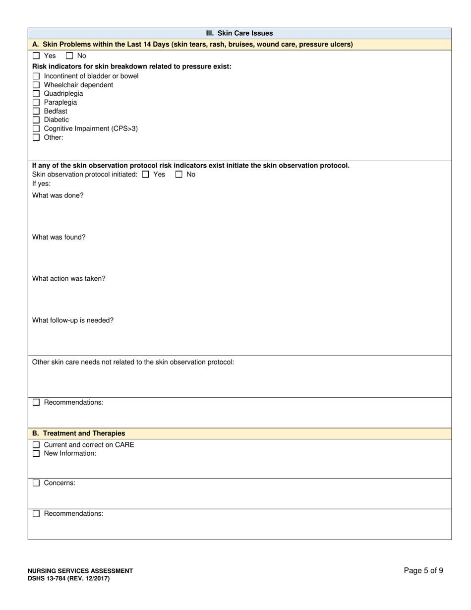 DSHS Form 13-784 Nursing Services Assessment - Washington, Page 5