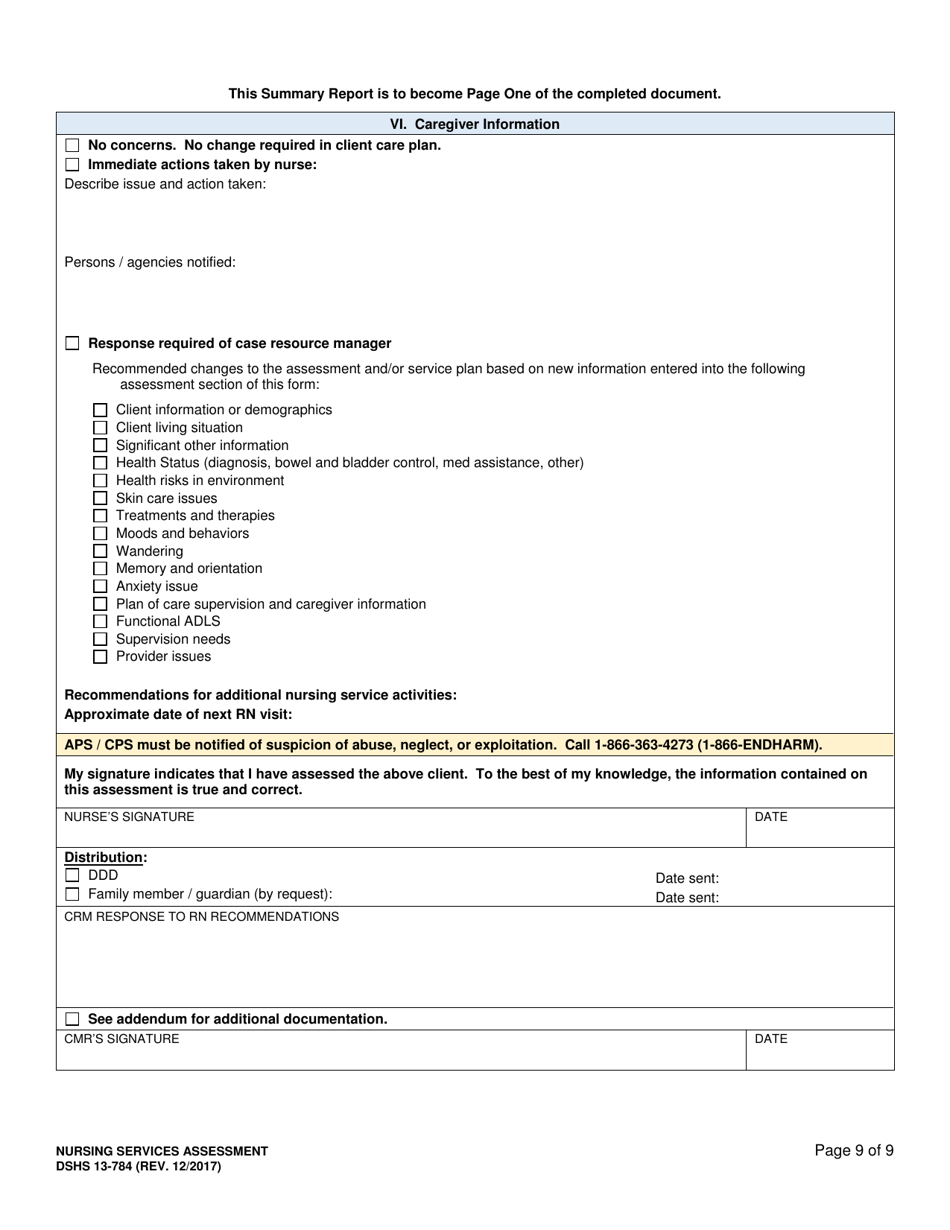 DSHS Form 13-784 Nursing Services Assessment - Washington, Page 9