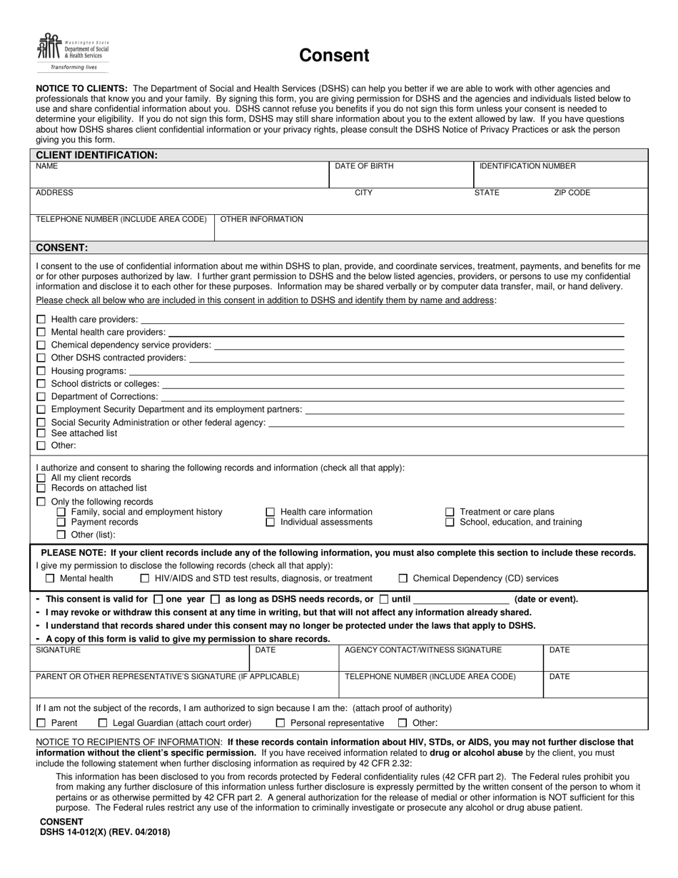 DSHS Form 14-012 Consent - Washington, Page 1
