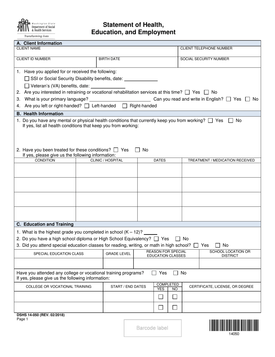 DSHS Form 14-050 Statement of Health, Education, and Employment - Washington, Page 1