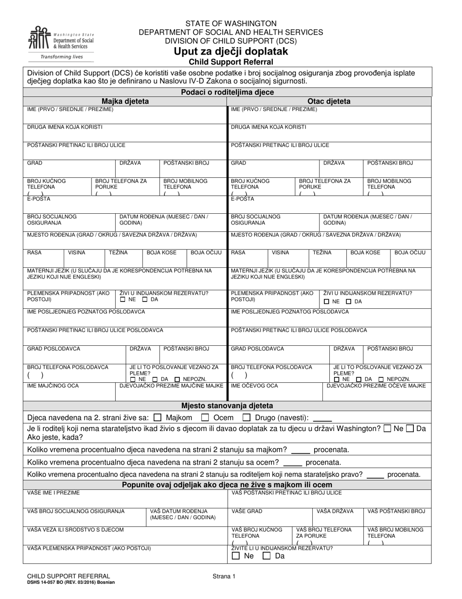 DSHS Form 14-057 Child Support Referral - Washington (Bosnian), Page 1