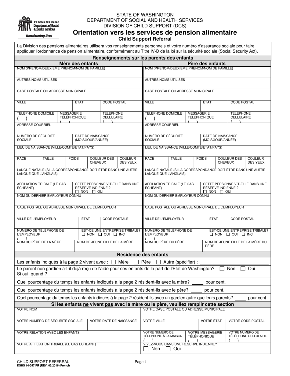 DSHS Form 14-057 Child Support Referral - Washington (French), Page 1