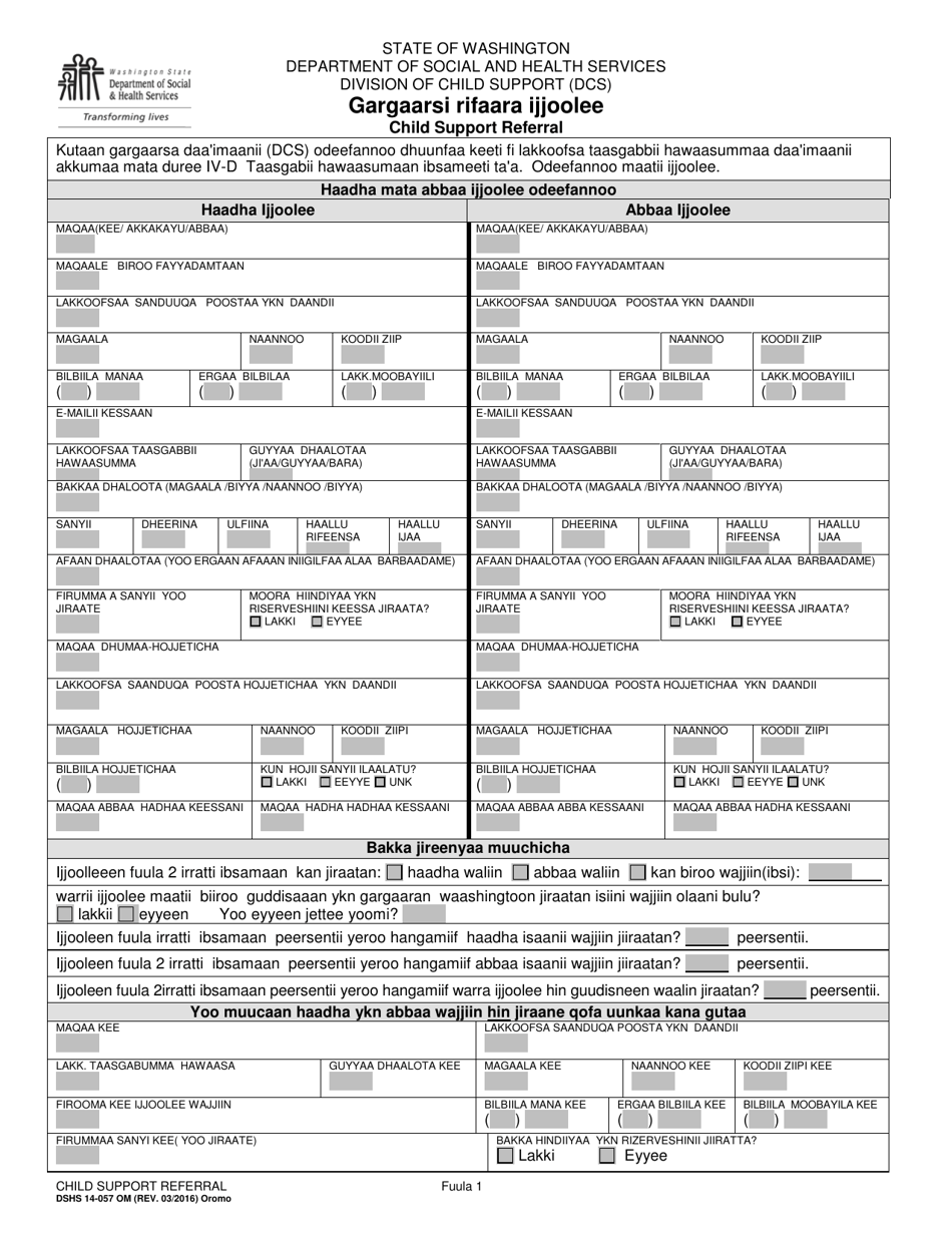 DSHS Form 14-057 Child Support Referral - Washington (Oromo), Page 1