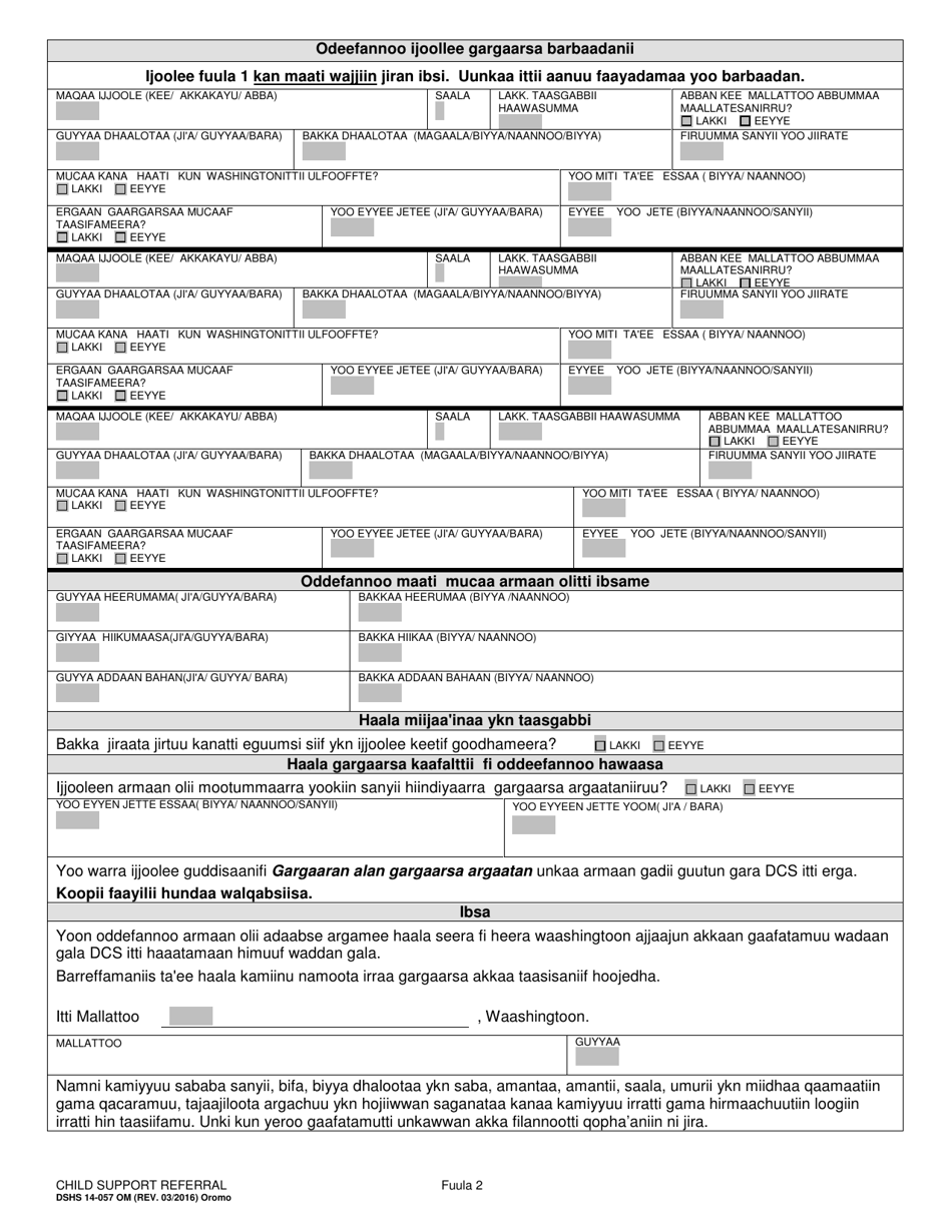 DSHS Form 14-057 Child Support Referral - Washington (Oromo), Page 2