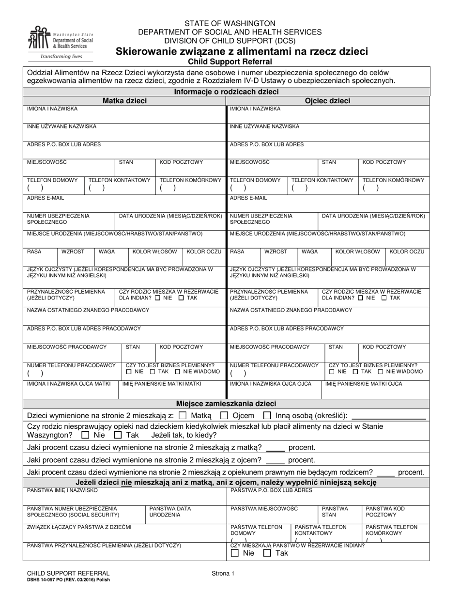 DSHS Form 14-057 Child Support Referral - Washington (Polish), Page 1