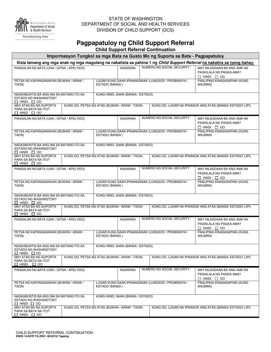 DSHS Form 14-057D Child Support Referral Continuation - Washington (Tagalog), Page 1
