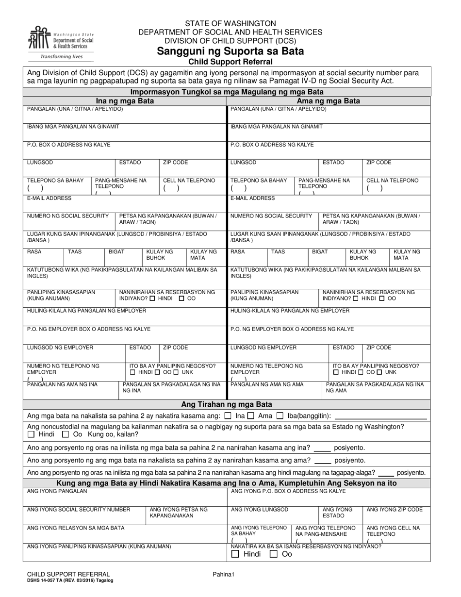 DSHS Form 14-057 Child Support Referral - Washington (Tagalog), Page 1