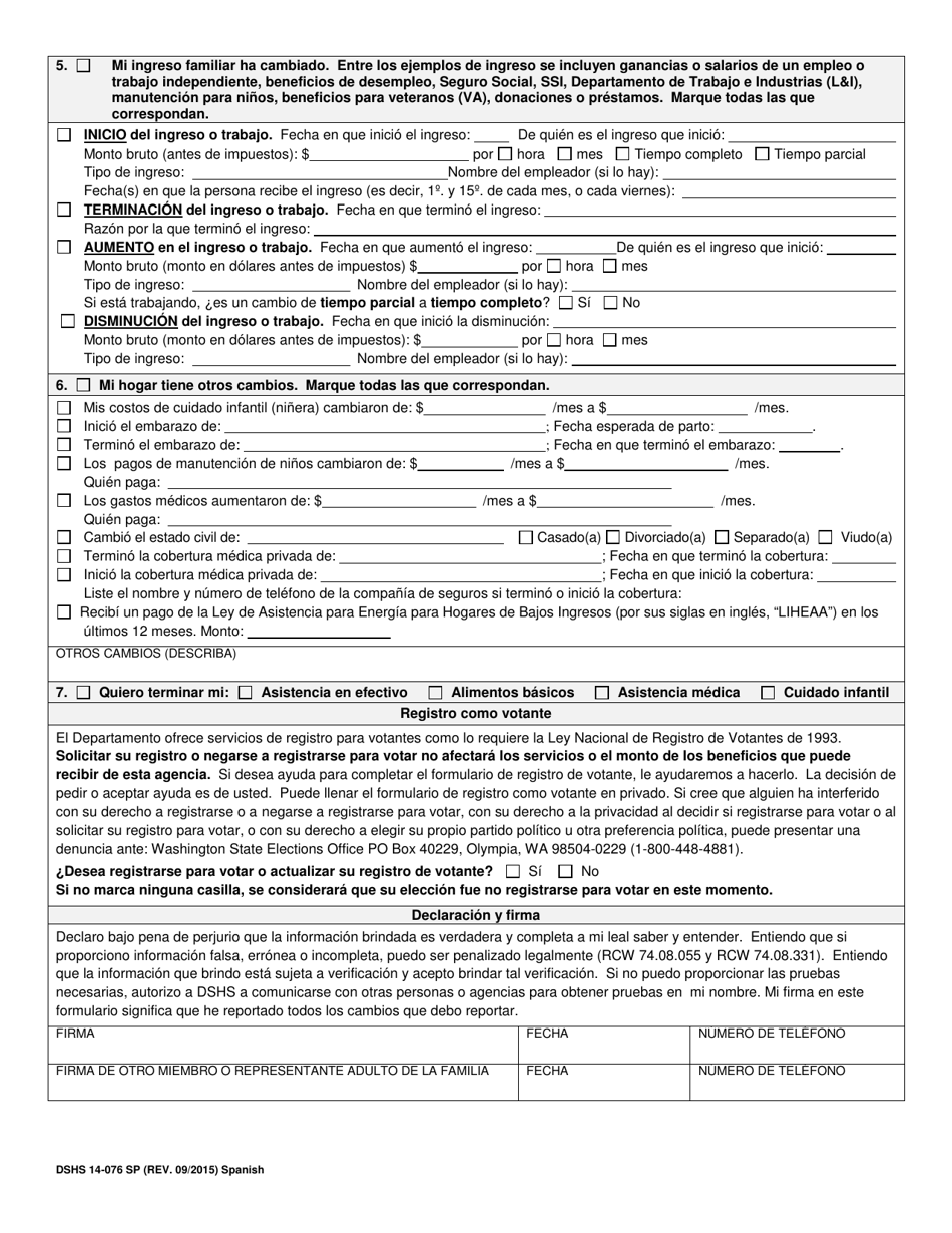 DSHS Formulario 14-076 Cambio En La Situacion - Washington (Spanish), Page 2