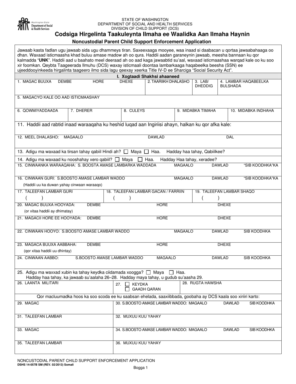 DSHS Form 14-057B Noncustodial Parent Child Support Enforcement Application - Washington (Somali), Page 1