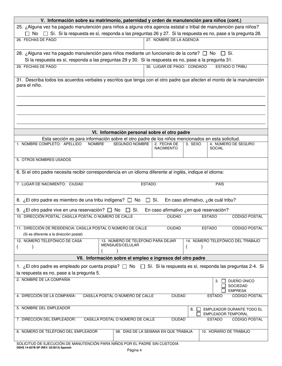 DSHS Formulario 14-057B Solicitud De Ejecucion De Manutencion Para Ninos Por El Padre Sin Custodia - Washington (Spanish), Page 4