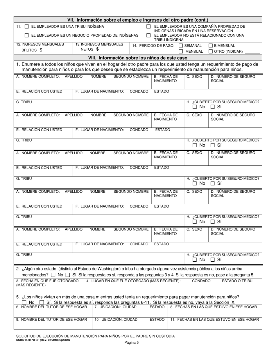 DSHS Formulario 14-057B Solicitud De Ejecucion De Manutencion Para Ninos Por El Padre Sin Custodia - Washington (Spanish), Page 5