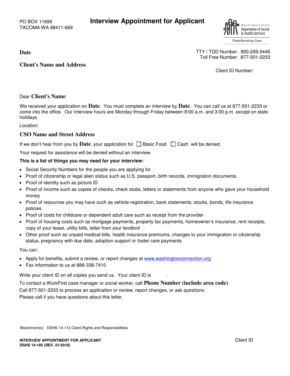 DSHS Form 14-105 Interview Appointment for Applicant (Community Services Division) - Washington, Page 1