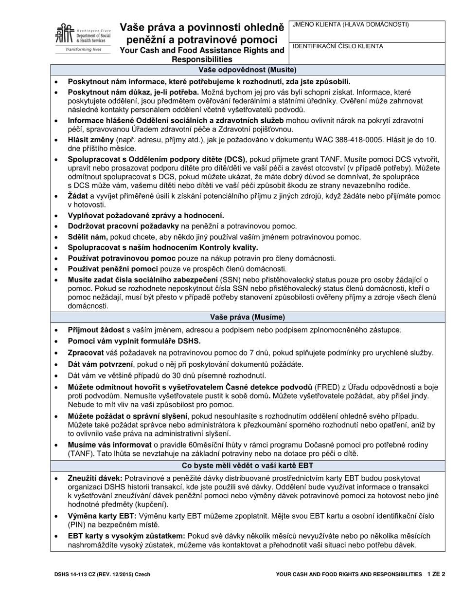 DSHS Form 14-113 Your Cash and Food Assistance Rights and Responsibilities - Washington (Czech), Page 1