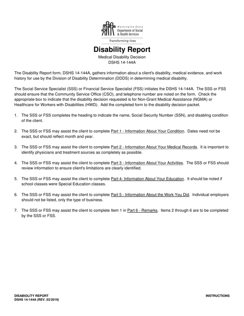 DSHS Form 14-144A Disability Report - Medical Disability Decision - Washington