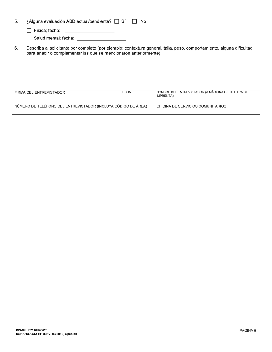 DSHS Formulario 14-144A Informe De Discapacidad - Decision De Discapacidad Medica - Washington (Spanish), Page 6