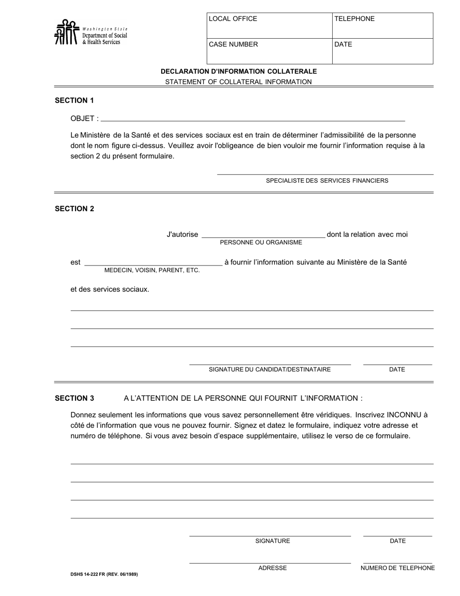 DSHS Form 14-222 Statement of Collateral Information - Washington (French), Page 1