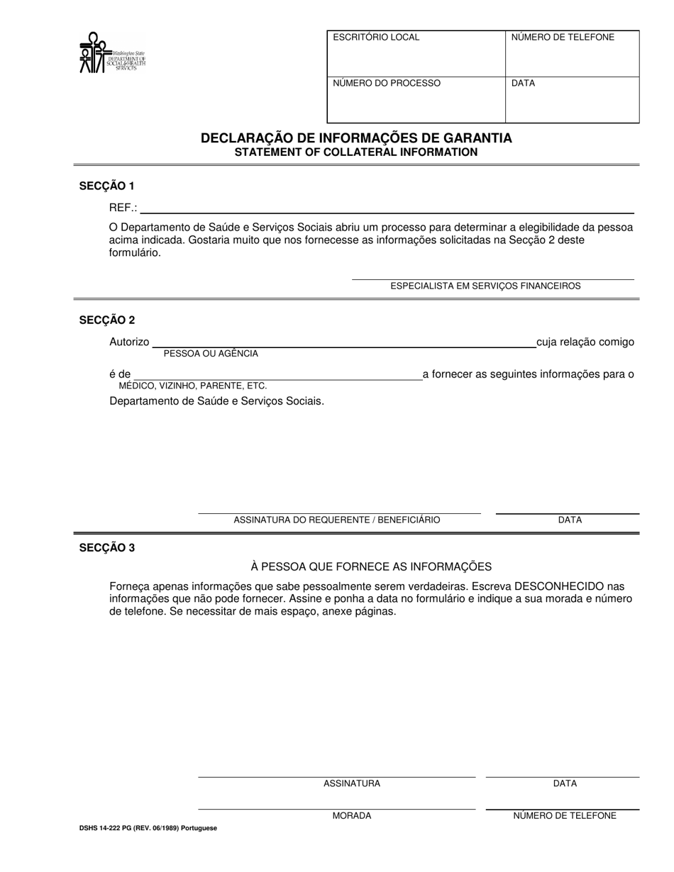 DSHS Form 14-222 Statement of Collateral Information - Washington (Portuguese), Page 1