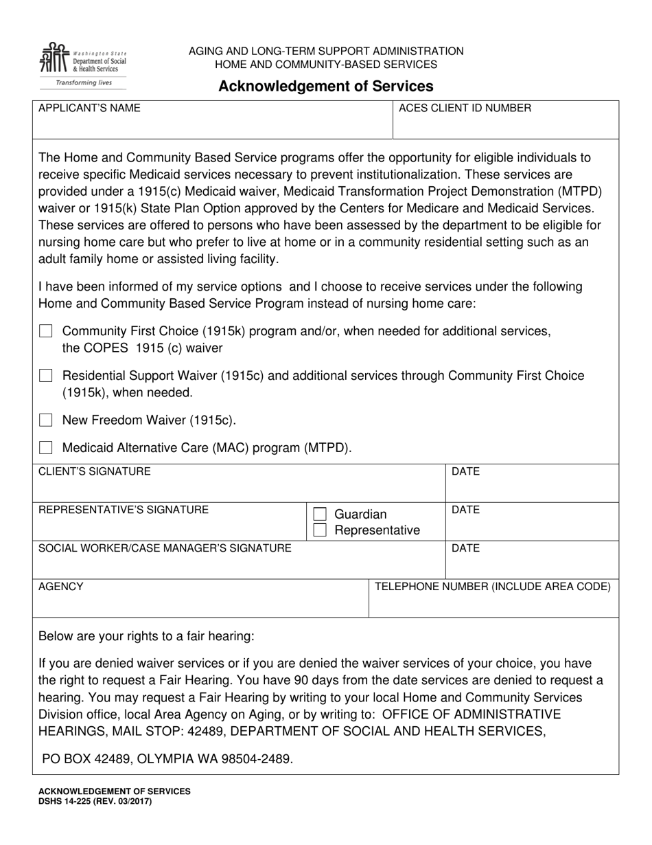 DSHS Form 14-225 Acknowledgement of Services - Washington, Page 1