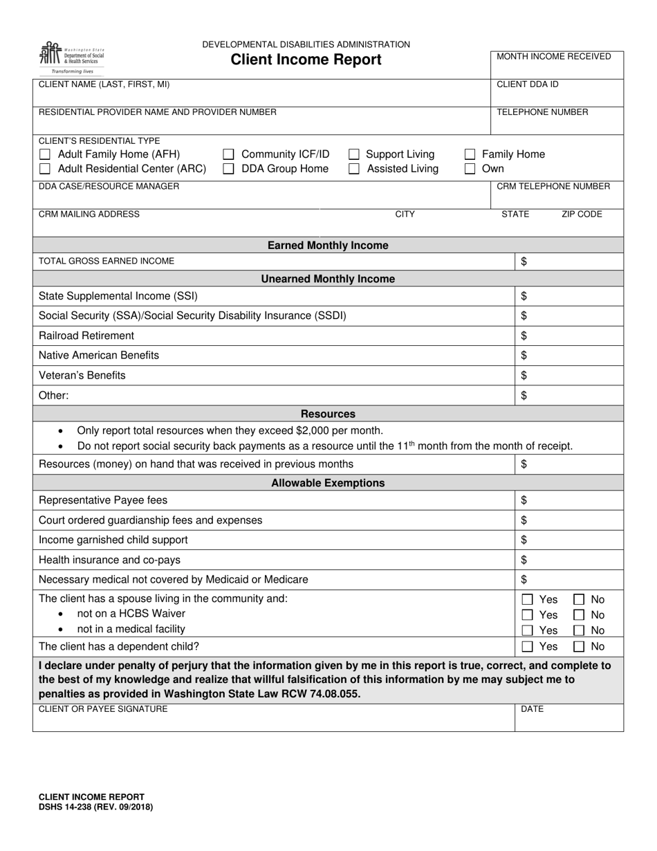 DSHS Form 14-238 Client Income Report - Washington, Page 1