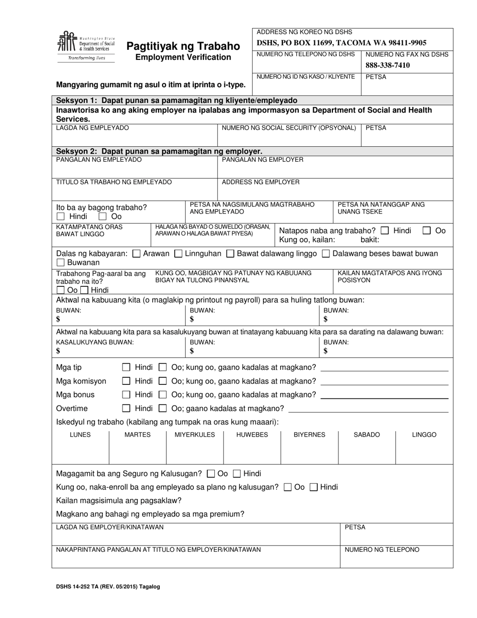 DSHS Form 14-252 Employment Verification - Washington (Tagalog), Page 1