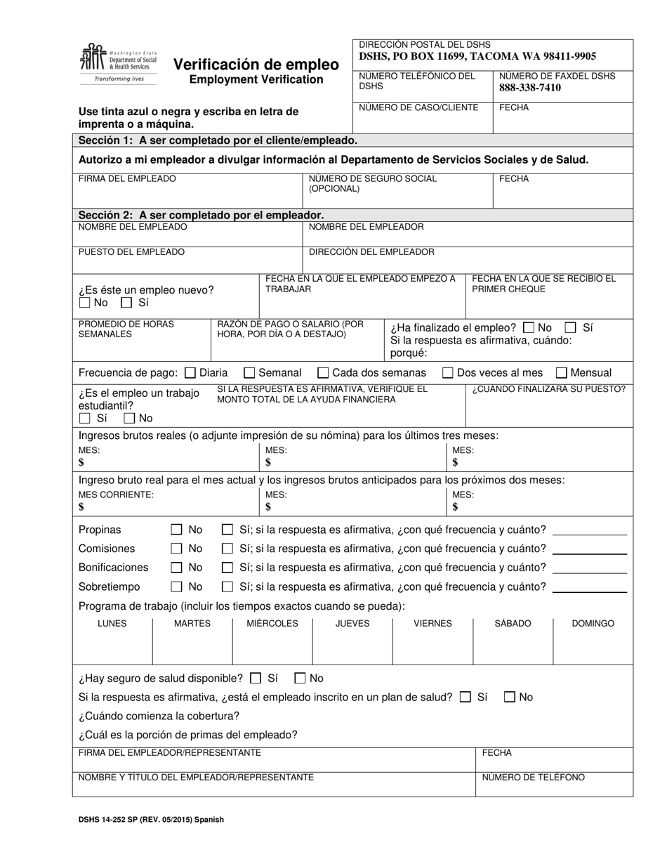 DSHS Formulario 14-252 Verificacion De Empleo - Washington (Spanish), Page 1