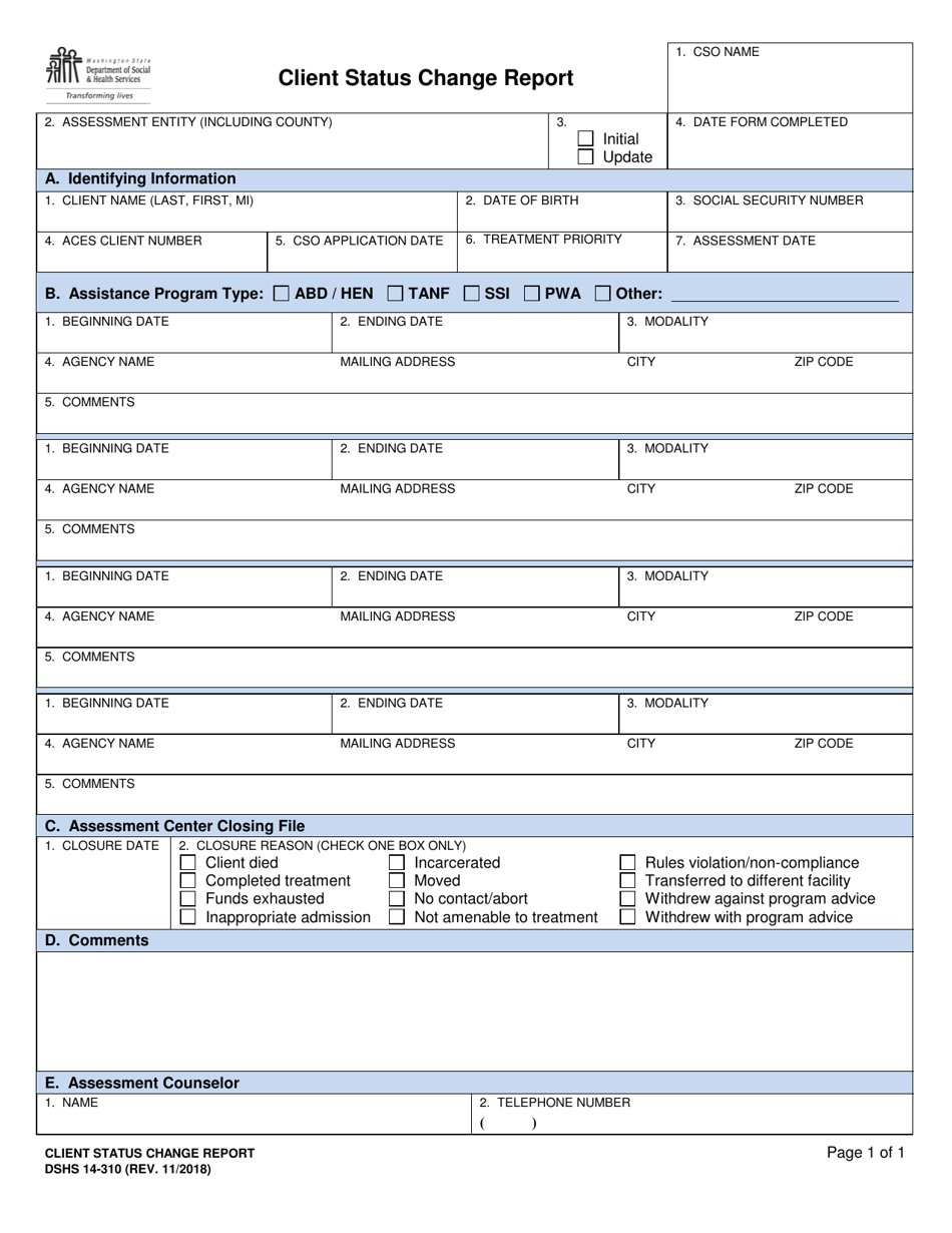 DSHS Form 14-310 Client Status Change Report - Washington, Page 1