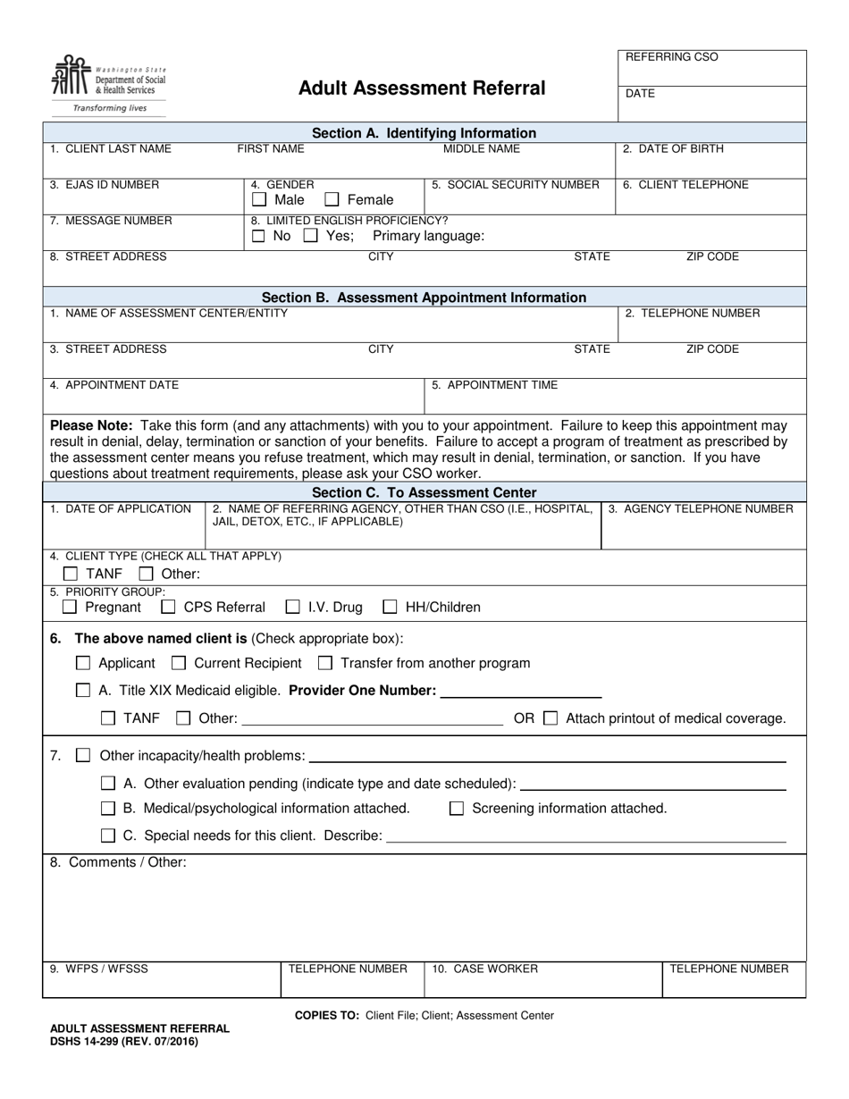 DSHS Form 14-299 Adult Assessment Referral - Washington, Page 1