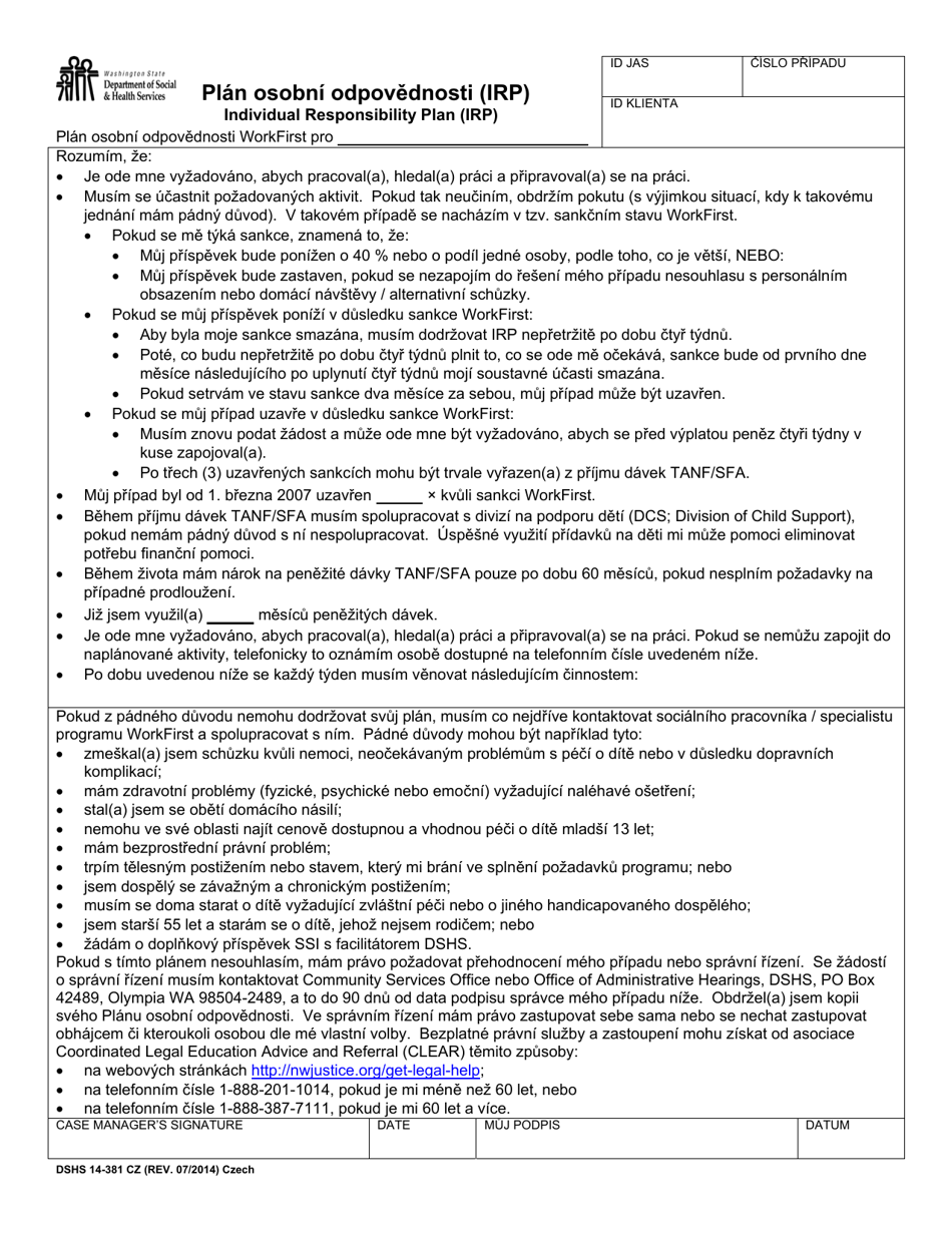 DSHS Form 14-381 Workfirst Individual Responsibility Plan - Washington (Czech), Page 1