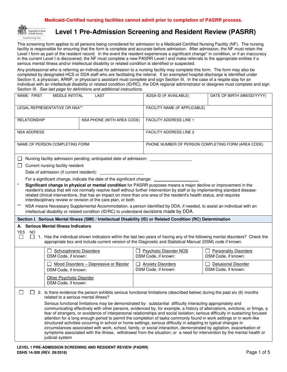 DSHS Form 14-300 Level 1 Pre-admission Screening and Resident Review (Pasrr) - Washington, Page 1
