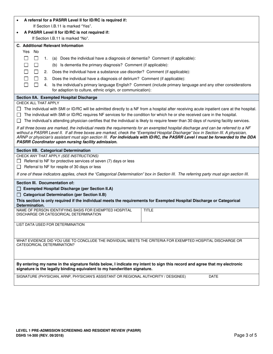 DSHS Form 14-300 Level 1 Pre-admission Screening and Resident Review (Pasrr) - Washington, Page 3