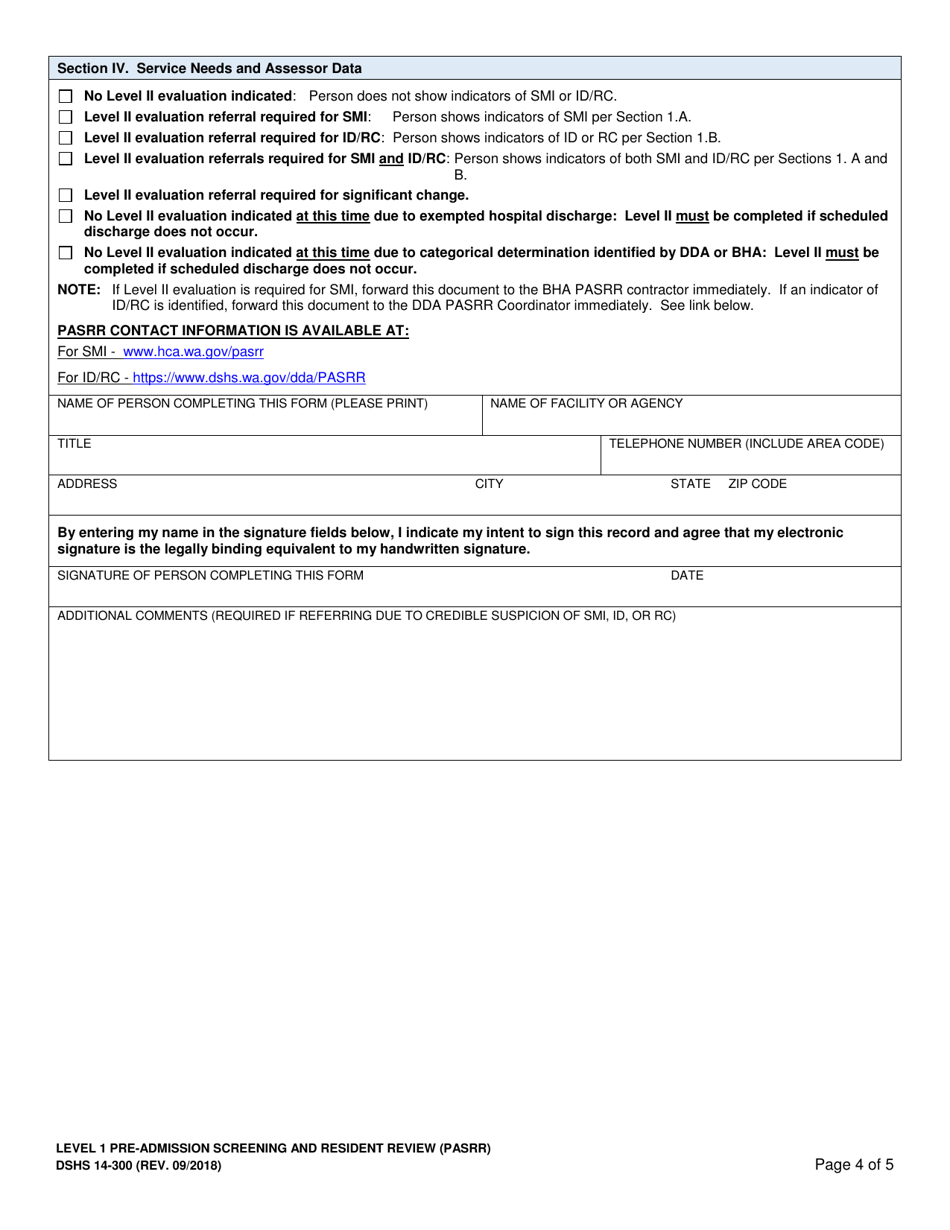 DSHS Form 14-300 Level 1 Pre-admission Screening and Resident Review (Pasrr) - Washington, Page 4