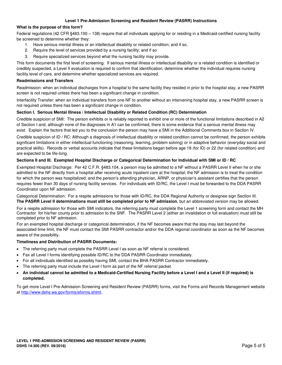 DSHS Form 14-300 Level 1 Pre-admission Screening and Resident Review (Pasrr) - Washington, Page 5