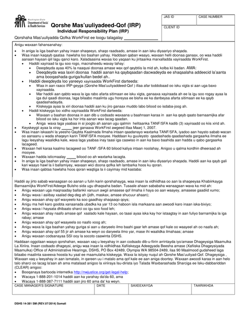DSHS Form 14-381 Workfirst Individual Responsibility Plan - Washington (Somali)