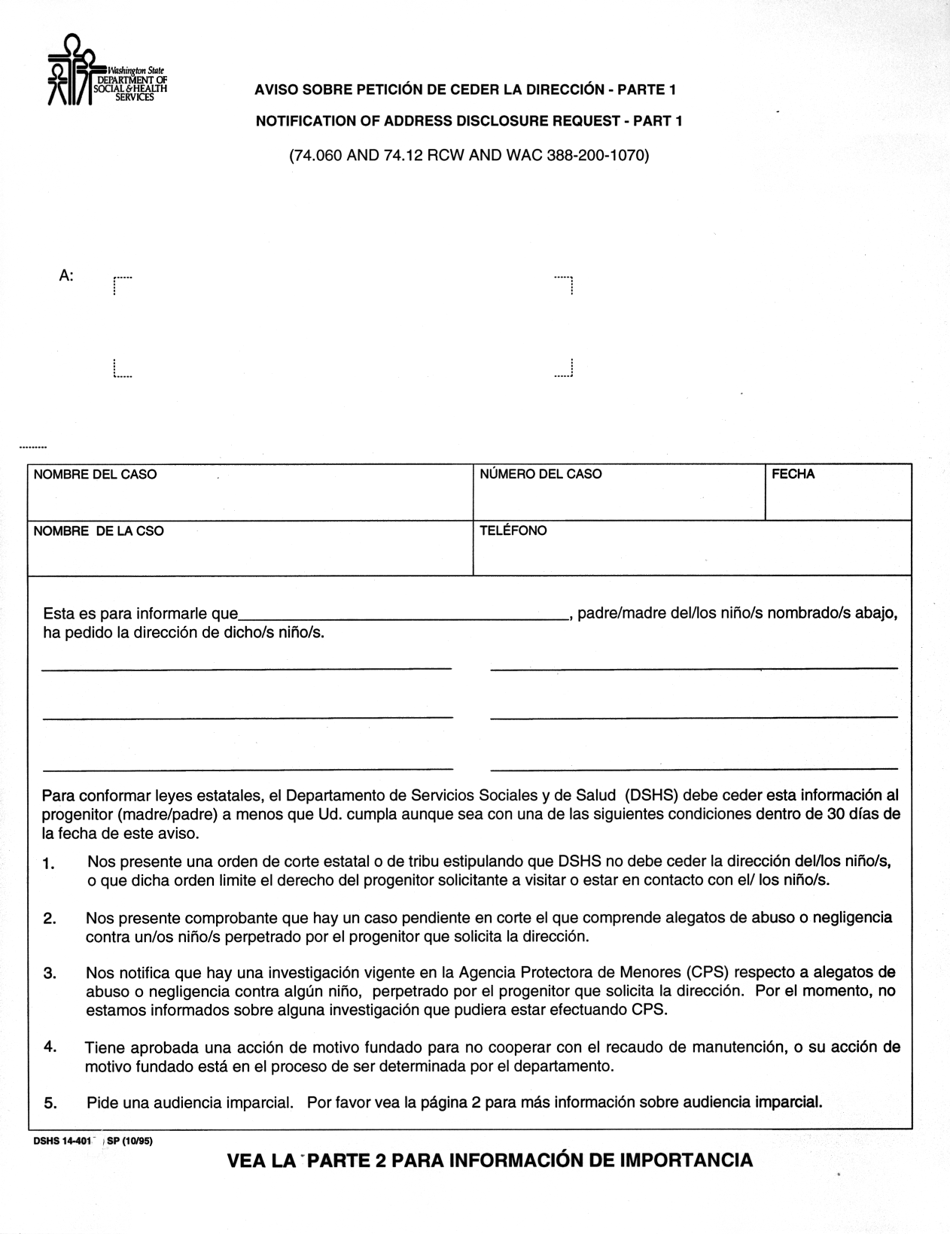DSHS Formulario 14-401 Aviso Sobre Peticion De Ceder La Direccion - Parte 1 - Washington (Spanish), Page 1