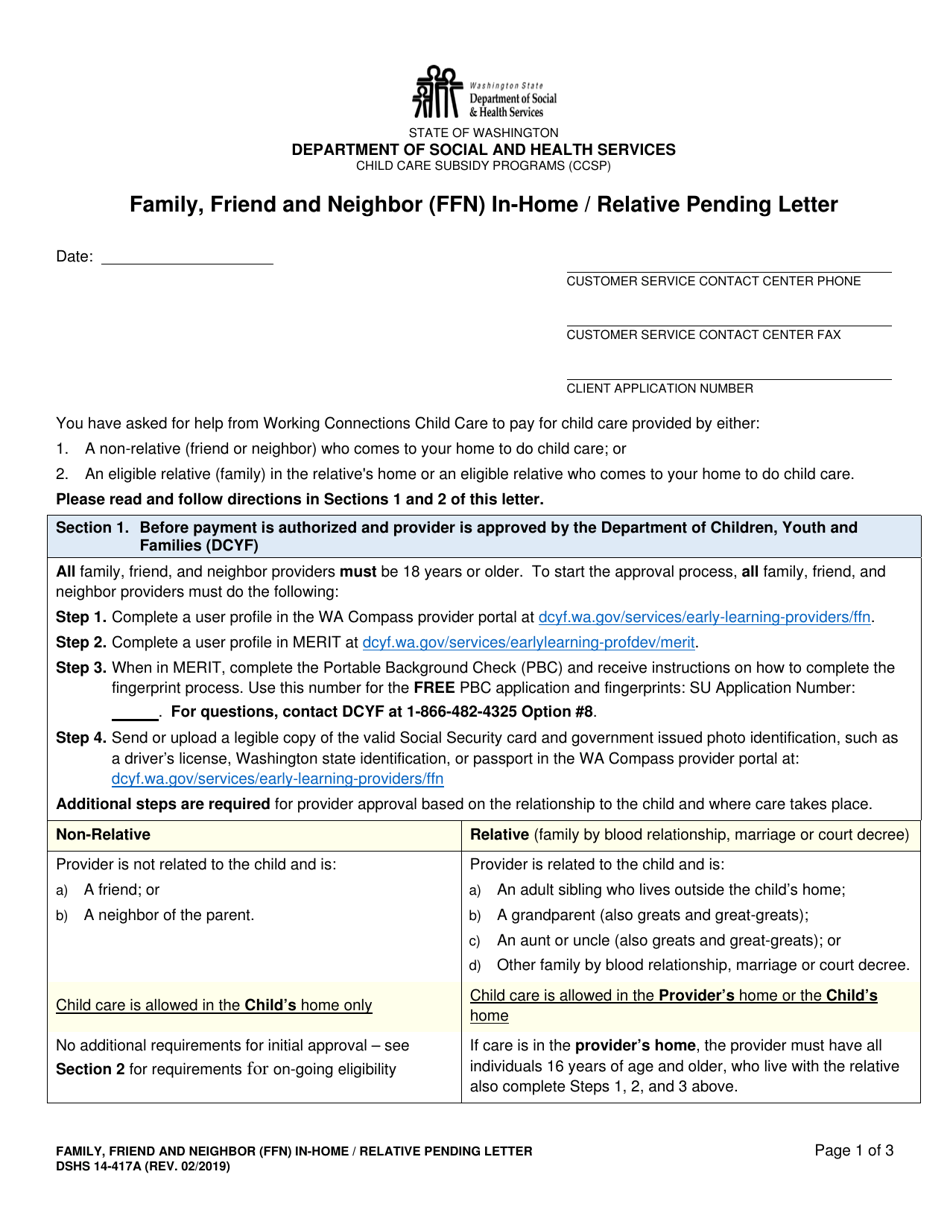 DSHS Form 14-417A Family, Friend and Neighbor (Ffn) in-Home / Relative Pending Letter - Washington, Page 1