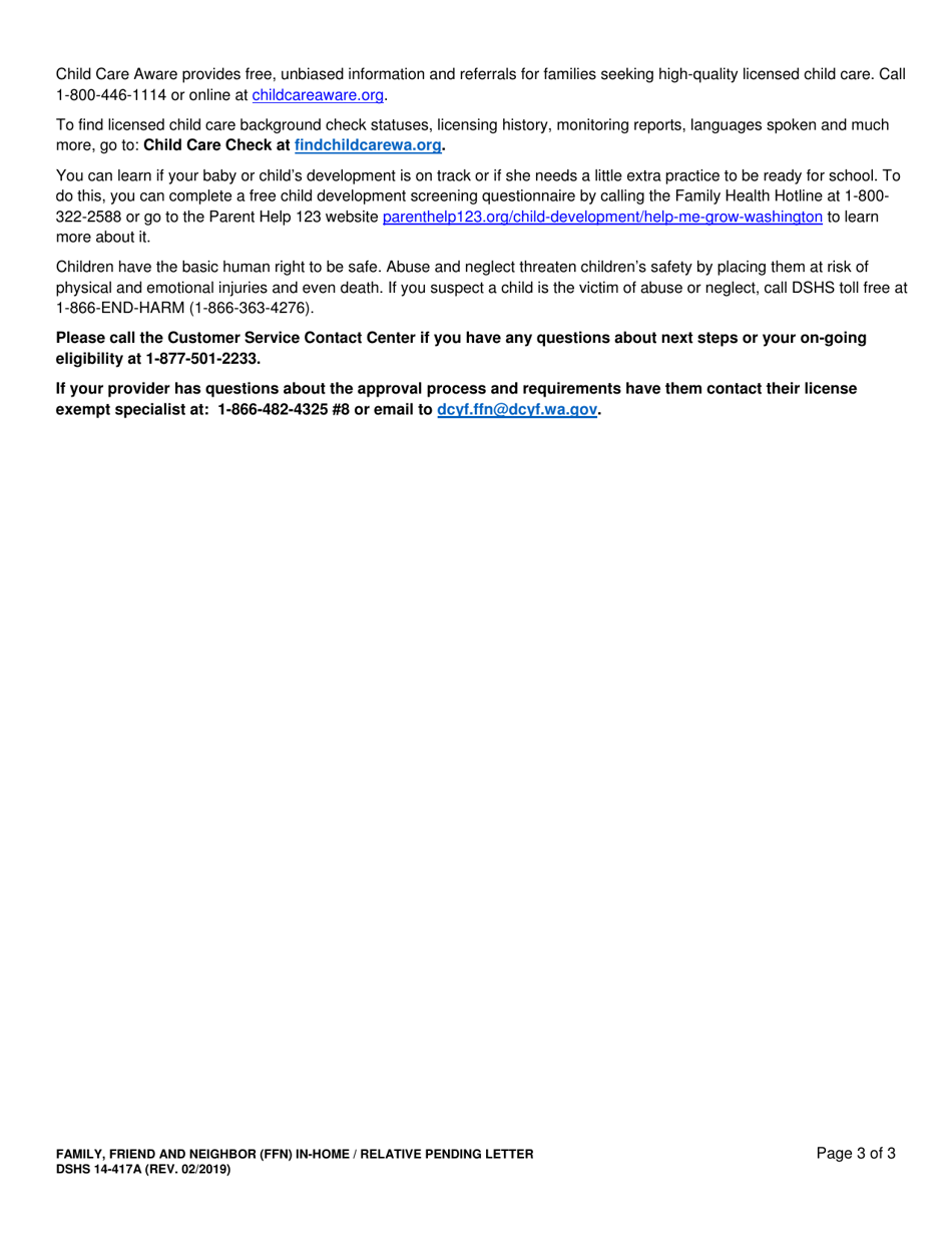 DSHS Form 14-417A Family, Friend and Neighbor (Ffn) in-Home / Relative Pending Letter - Washington, Page 3