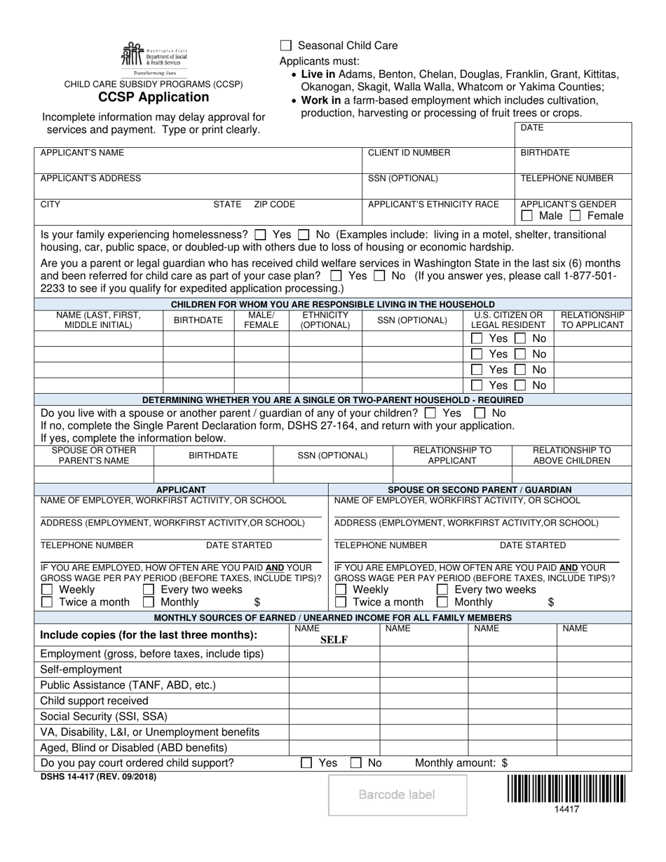 DSHS Form 14-417 Ccsp Application - Washington, Page 2