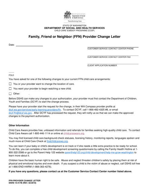 DSHS Form 14-417B Family, Friend or Neighbor (Ffn) Provider Change Letter - Washington