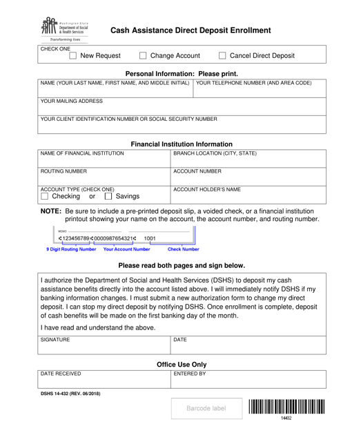 DSHS Form 14-432 Cash Assistance Direct Deposit Enrollment - Washington