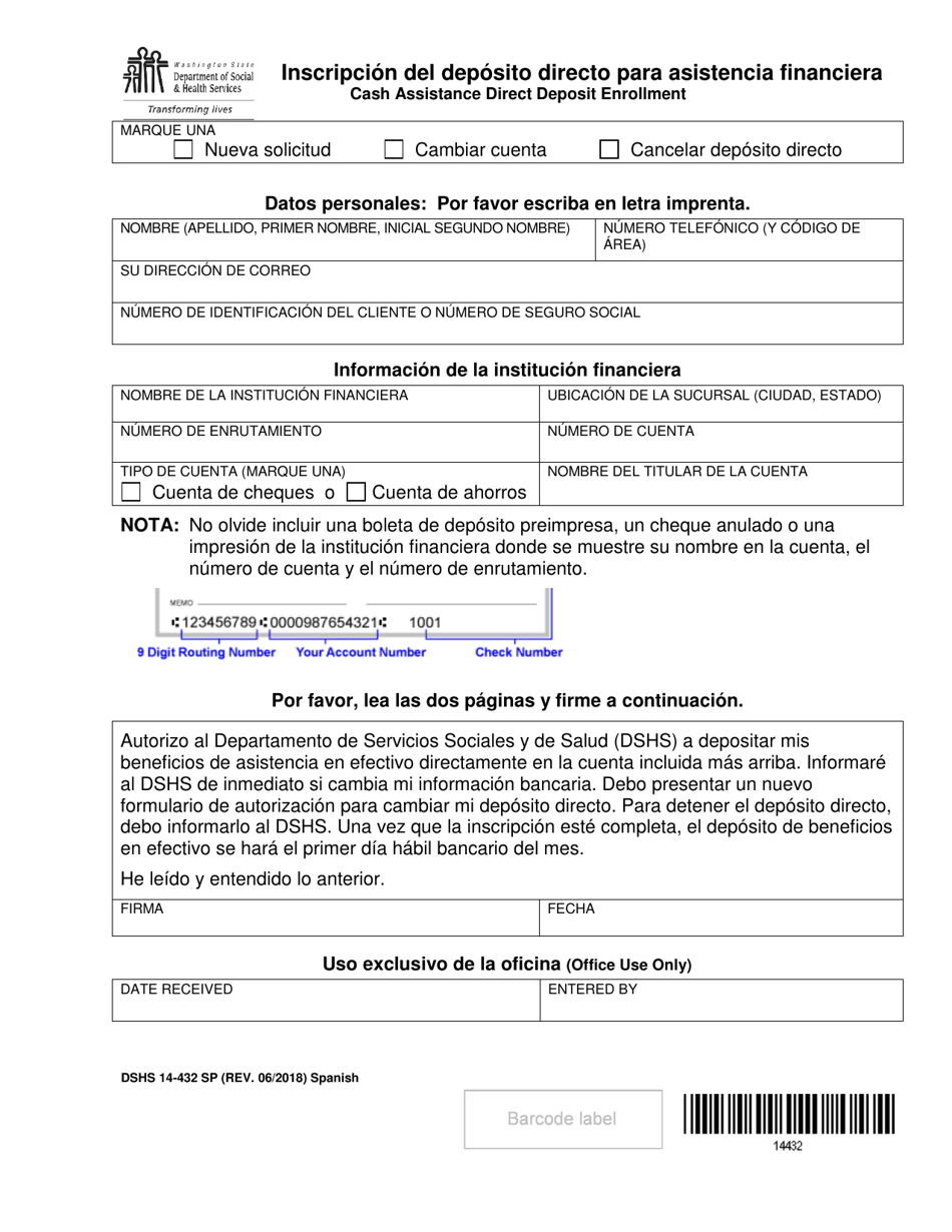 DSHS Formulario 14-432 Inscripcion Del Deposito Directo Para Asistencia Financiera - Washington (Spanish), Page 1