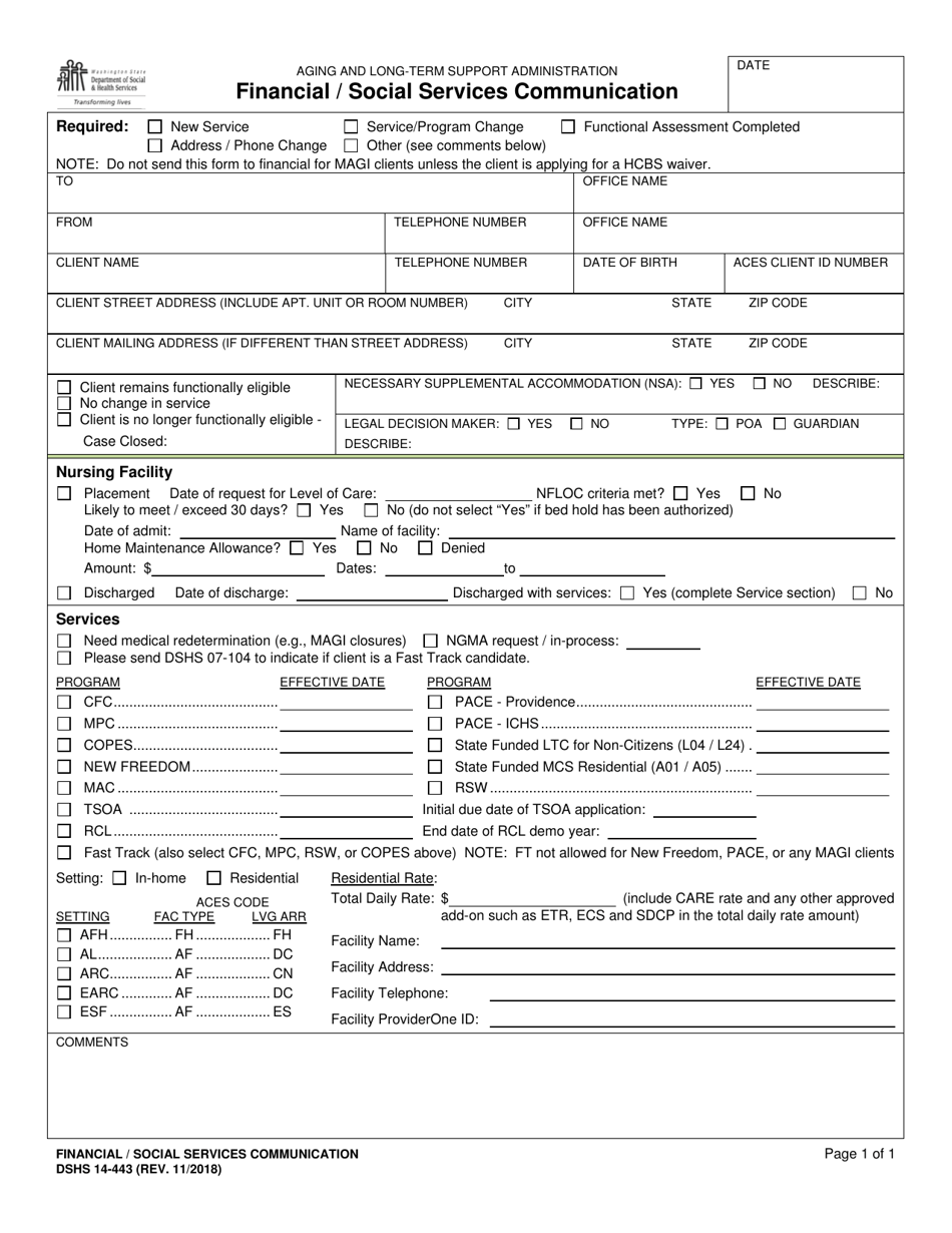 DSHS Form 14-443 Financial / Social Services Communication - Washington, Page 1
