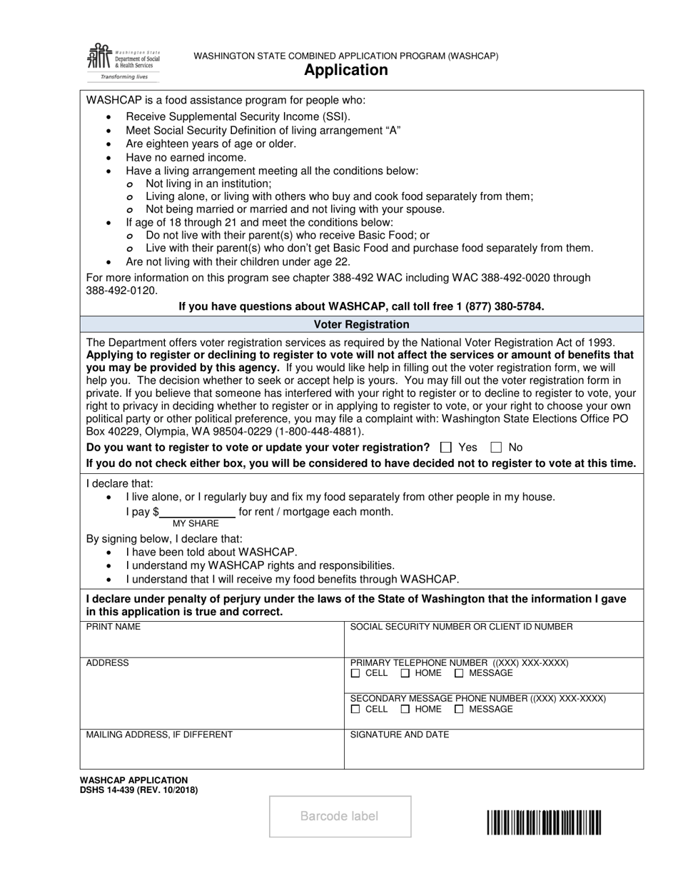 DSHS Form 14-439 Washcap Application - Washington, Page 1